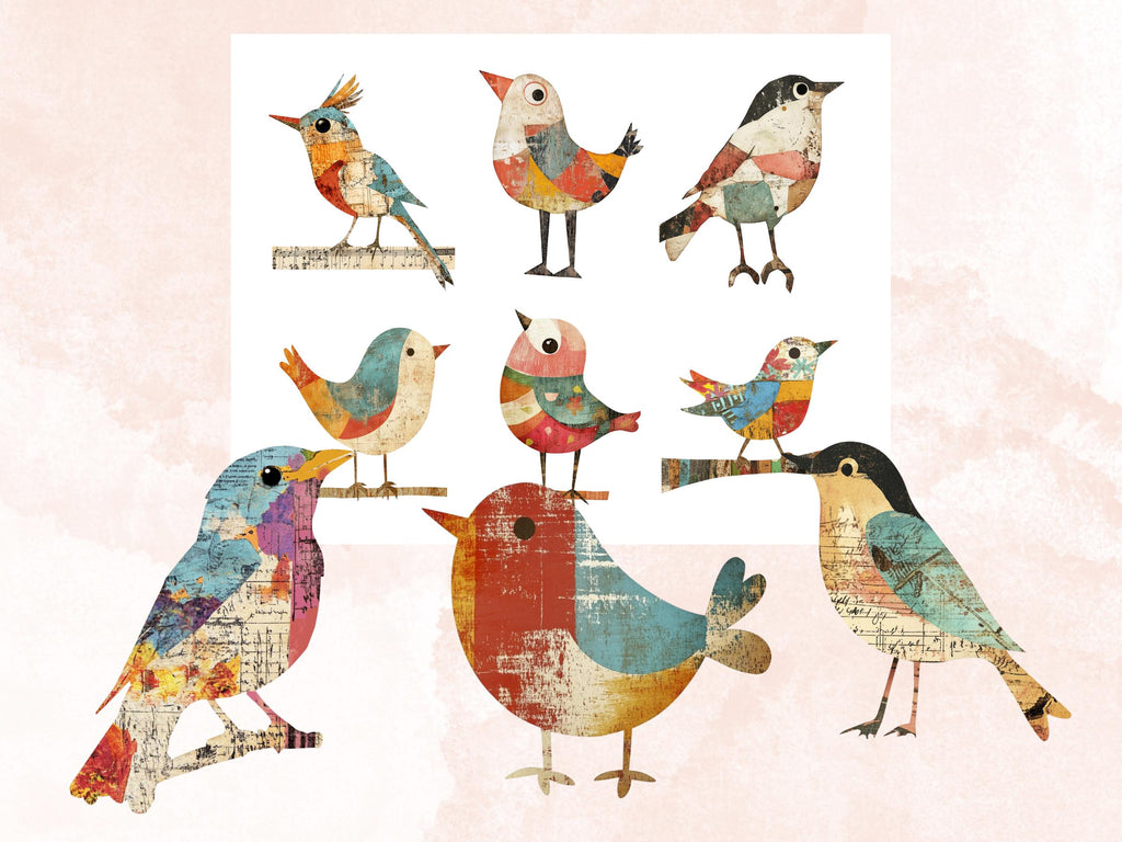 Whimsical Bird Mixed Media Clipart, Whimsy Bird Fussy Cut Collage Sheet, Quirky Cut Out Ephemera, Grunge Texture for Scrapbook, Junk Journal