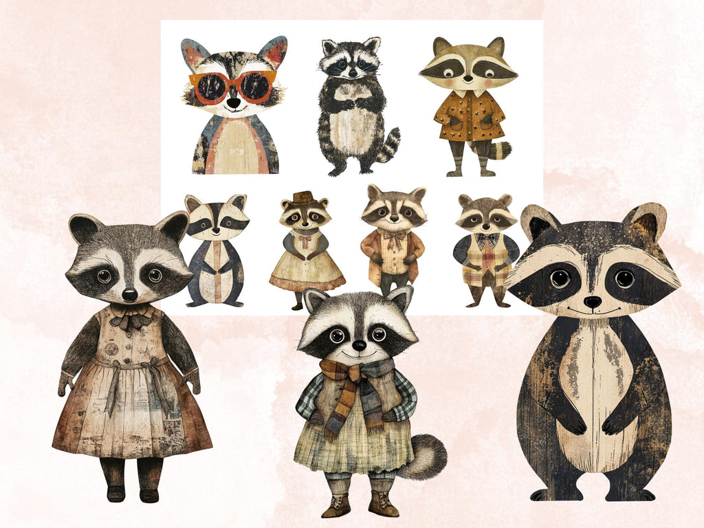 Whimsical Raccoon Mixed Media Clipart, Whimsy Raccoon Fussy Cut Collage Sheet, Quirky Cut Out Ephemera, PNG + JPG for Scrapbooking, Journal