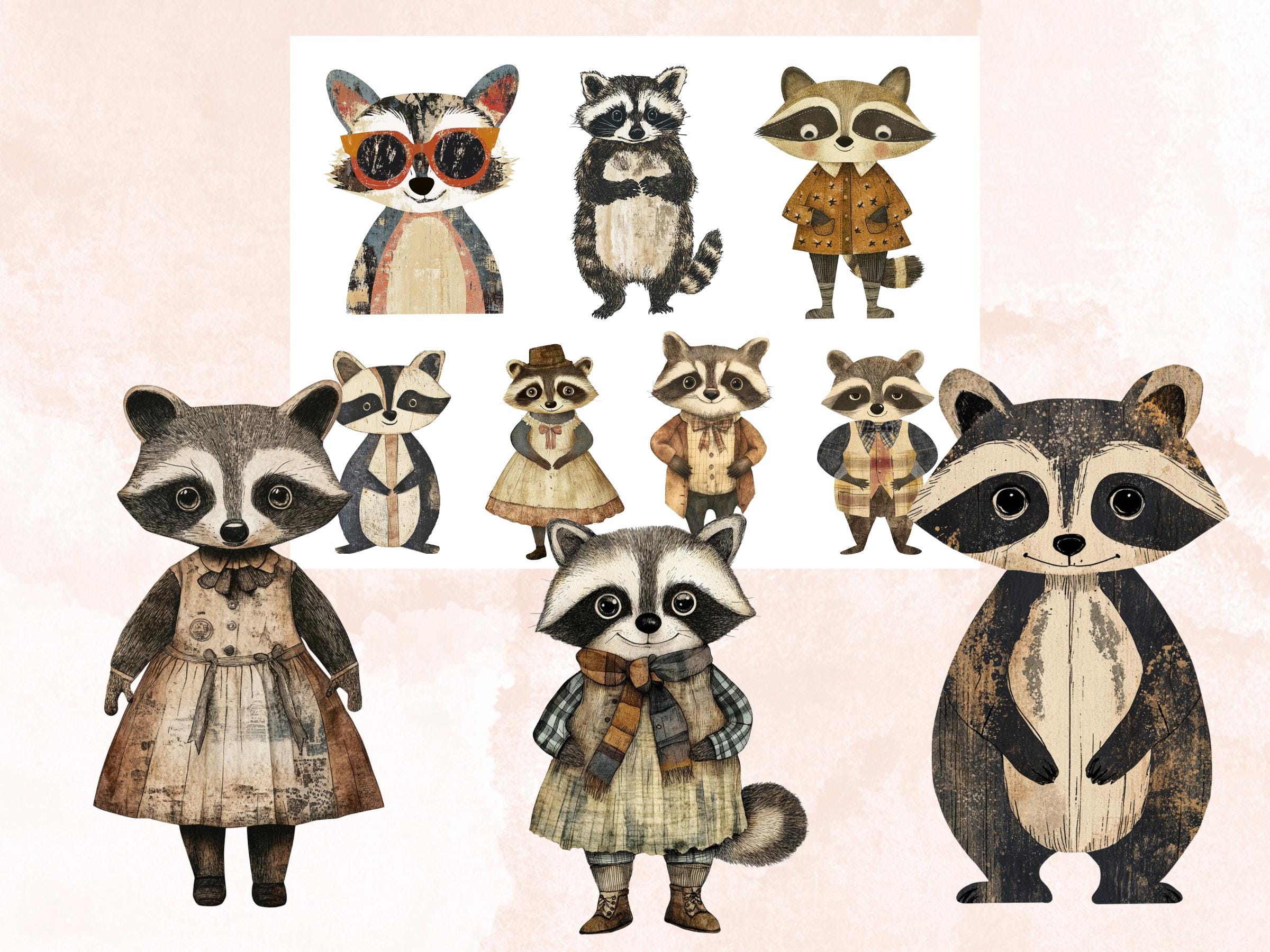 Whimsical Raccoon Mixed Media Clipart, Whimsy Raccoon Fussy Cut Collage Sheet, Quirky Cut Out Ephemera, PNG + JPG for Scrapbooking, Journal