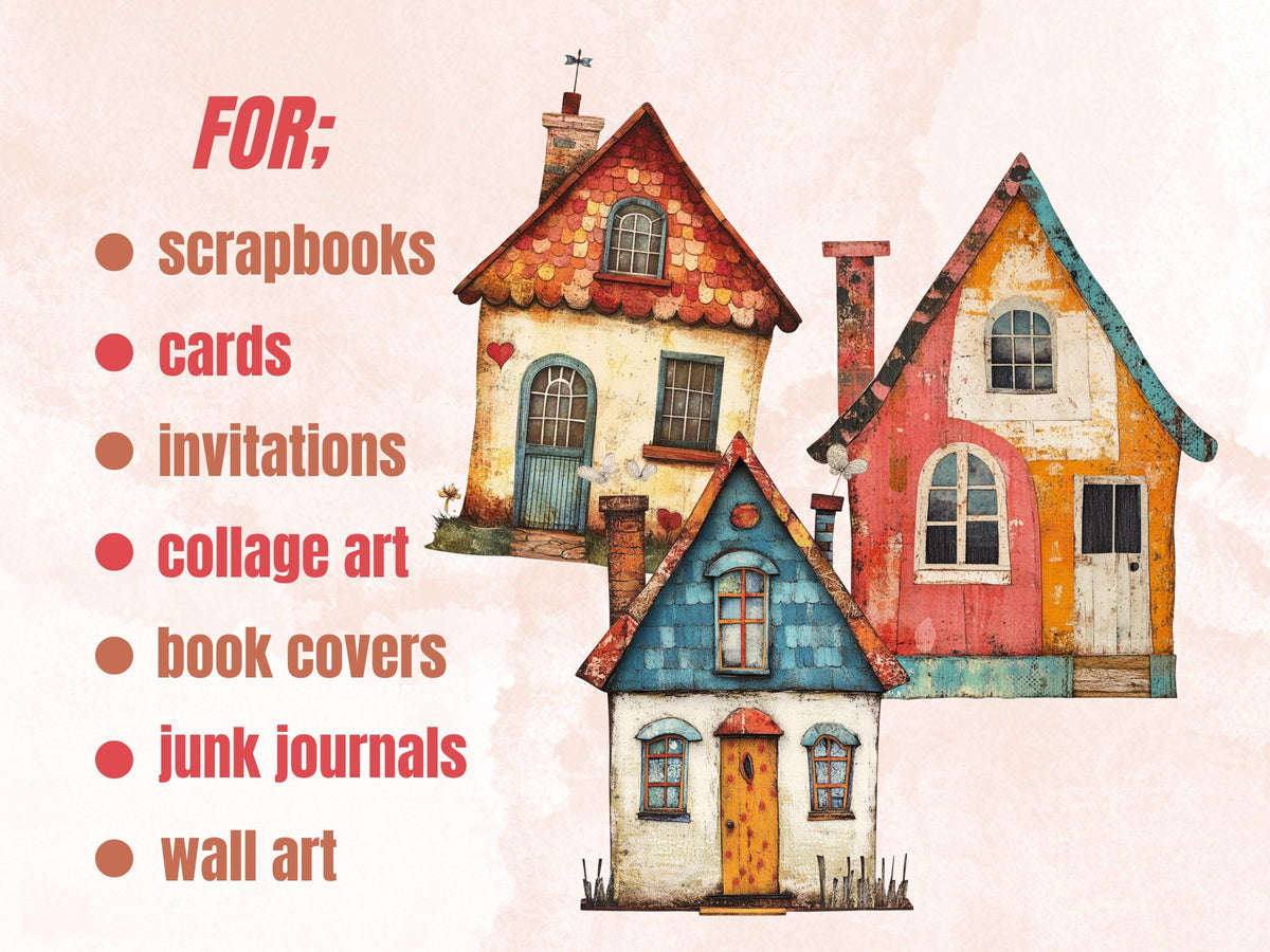 Whimsical House Mixed Media Clipart, Whimsy House Fussy Cut Collage Sheet, Quirky Cut Out Ephemera, PNG + JPG for Scrapbooking, Junk Journal
