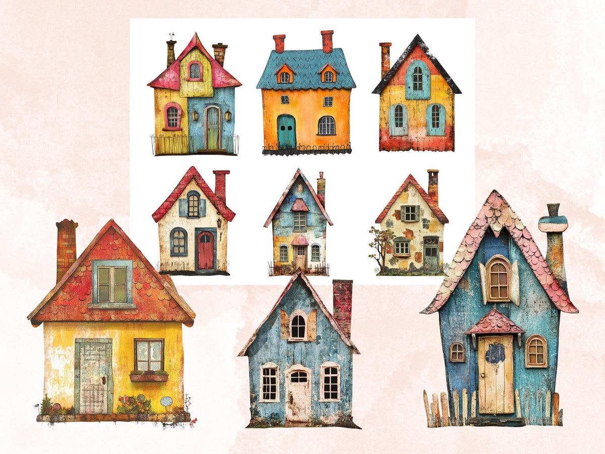 Whimsical House Mixed Media Clipart, Whimsy House Fussy Cut Collage Sheet, Quirky Cut Out Ephemera, PNG + JPG for Scrapbooking, Junk Journal