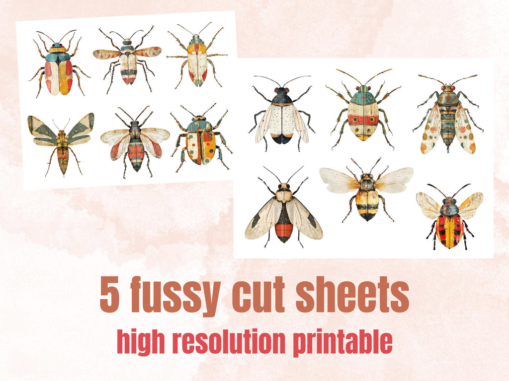 Whimsical Insect Mixed Media Clipart, Whimsy Bug Fussy Cut Collage Sheet, Quirky Cut Out Ephemera, PNG + JPG for Scrapbooking, Junk Journal