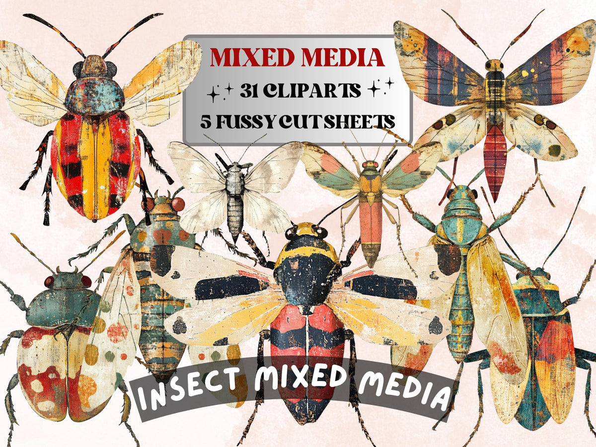 Whimsical Insect Mixed Media Clipart, Whimsy Bug Fussy Cut Collage Sheet, Quirky Cut Out Ephemera, PNG + JPG for Scrapbooking, Junk Journal