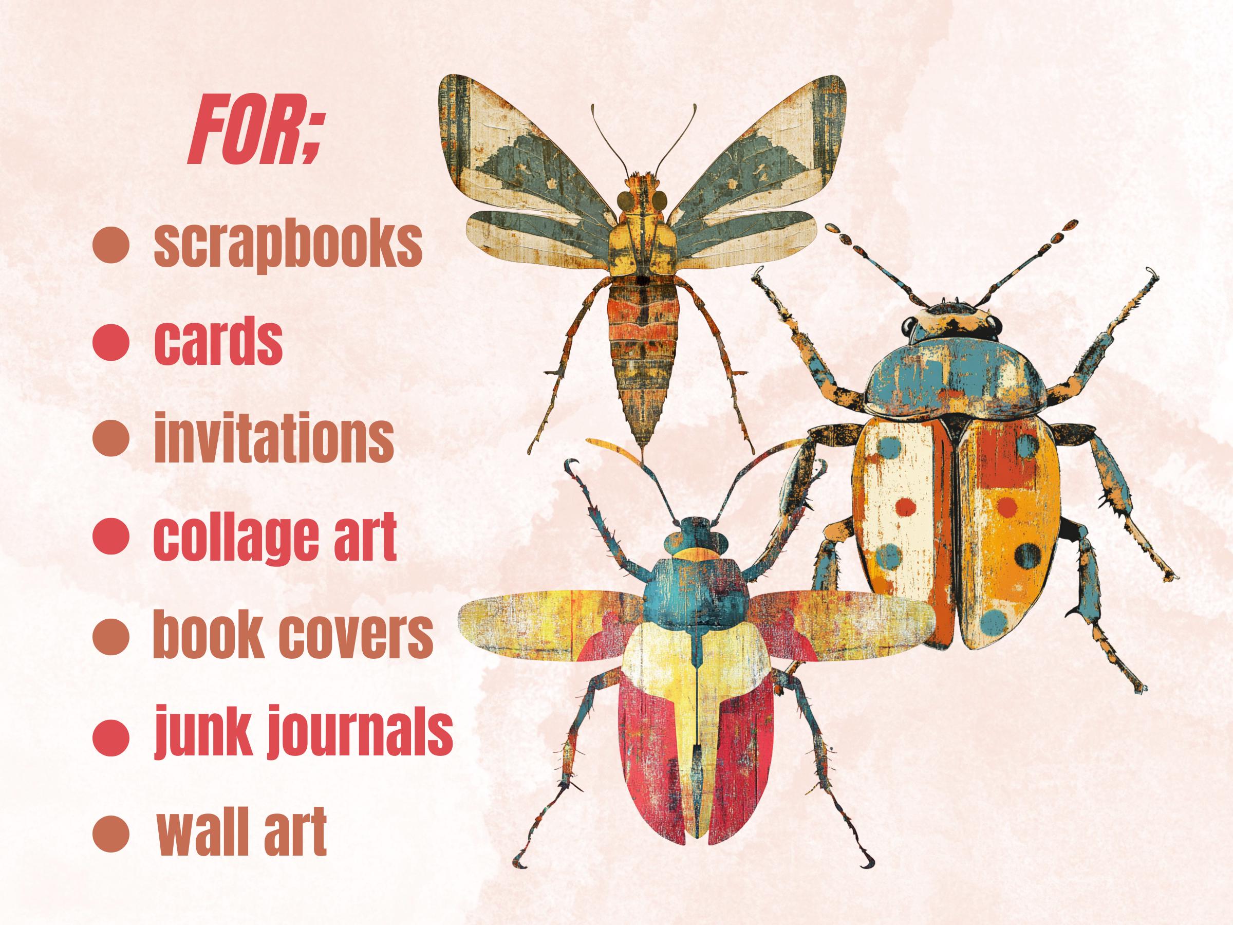 Whimsical Insect Mixed Media Clipart, Whimsy Bug Fussy Cut Collage Sheet, Quirky Cut Out Ephemera, PNG + JPG for Scrapbooking, Junk Journal