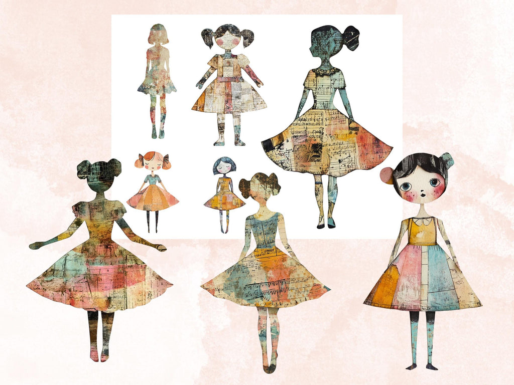 Whimsical Pastel Doll Mixed Media Clipart, Whimsy Girl Fussy Cut Collage Sheet, Quirky Cut Out Ephemera, PNG + JPG for Scrapbooking, Journal