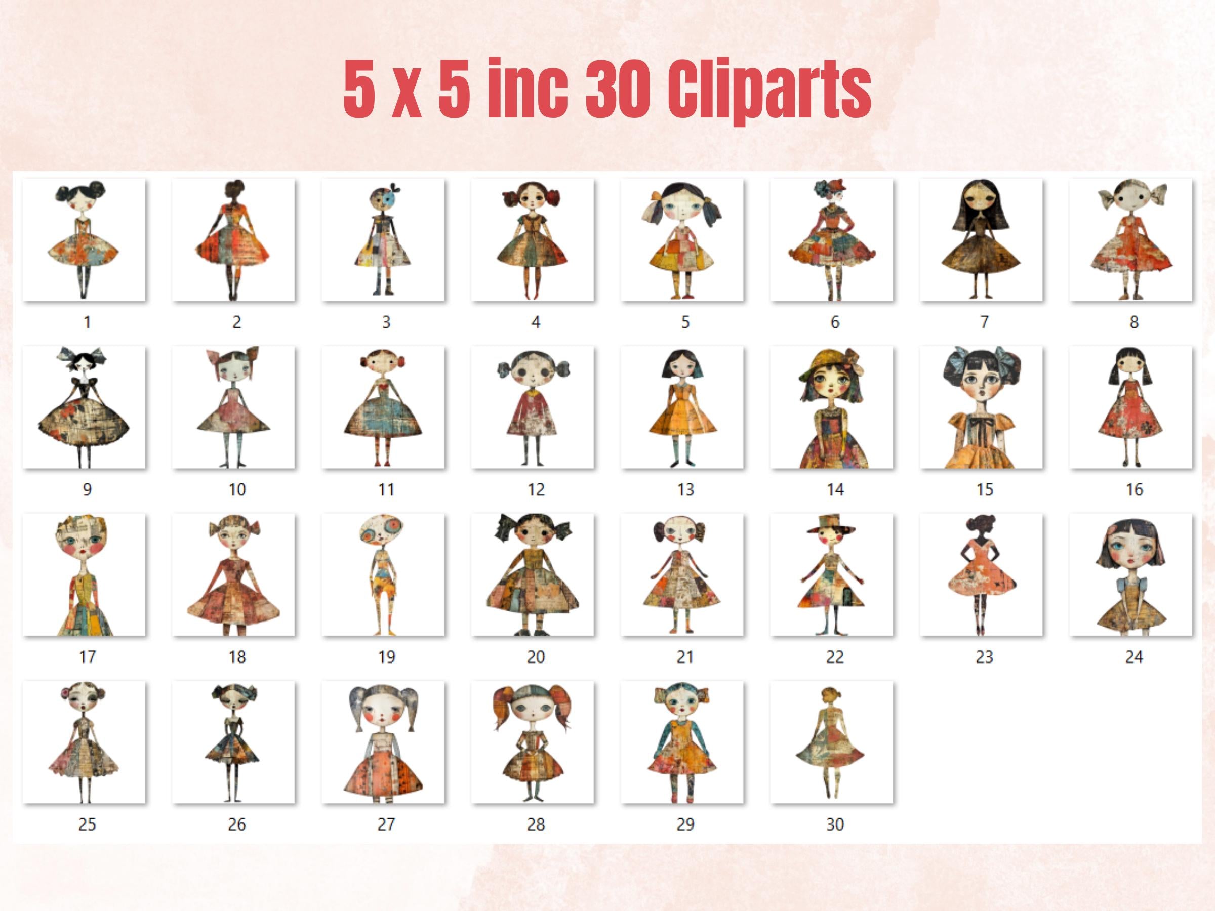 Whimsical Surreal Doll Mixed Media Clipart, Fantasy Girl Fussy Cut Collage Sheet, Quirky Cut Out Ephemera, Grunge Texture for Scrapbooking