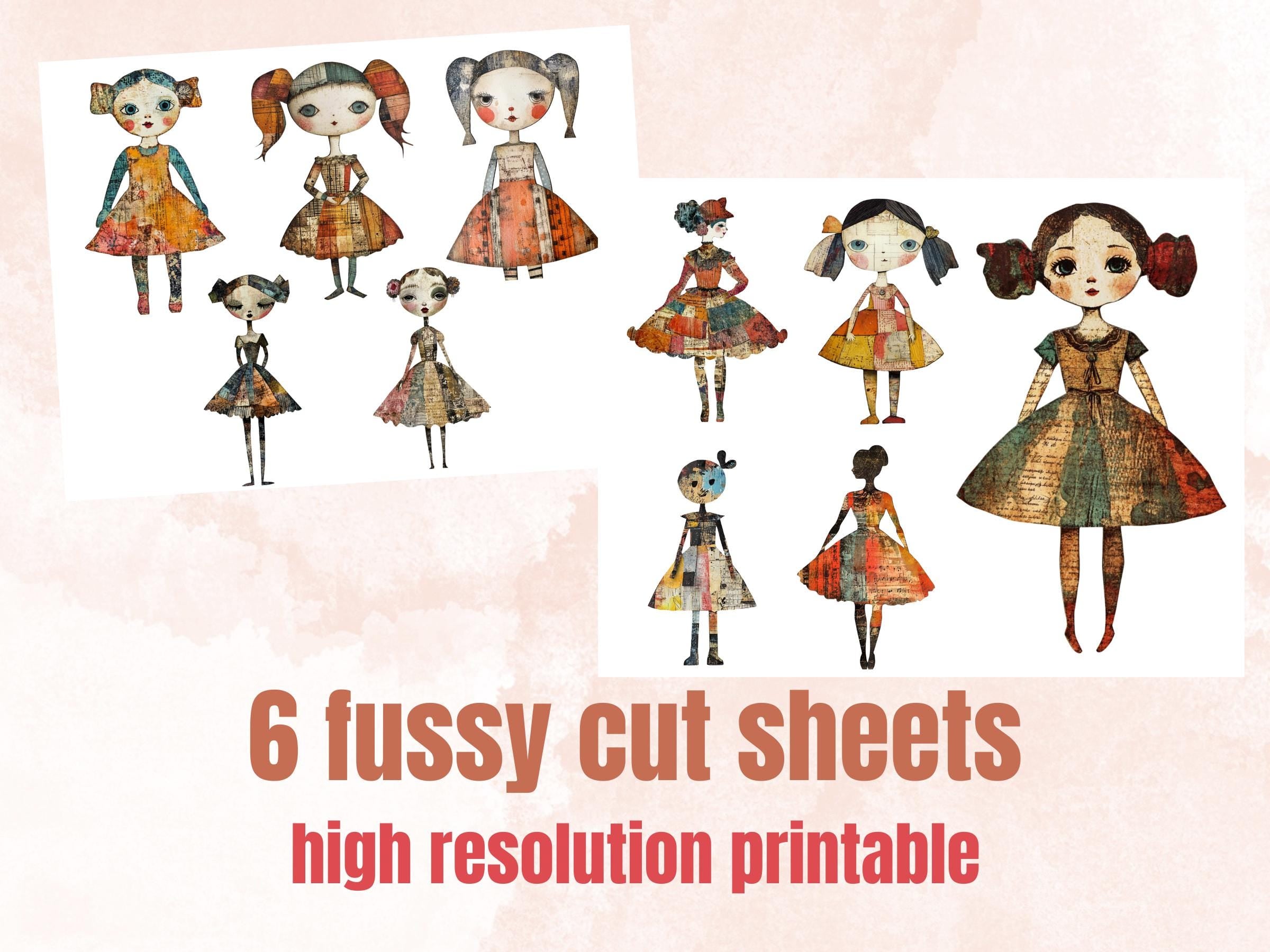 Whimsical Surreal Doll Mixed Media Clipart, Fantasy Girl Fussy Cut Collage Sheet, Quirky Cut Out Ephemera, Grunge Texture for Scrapbooking
