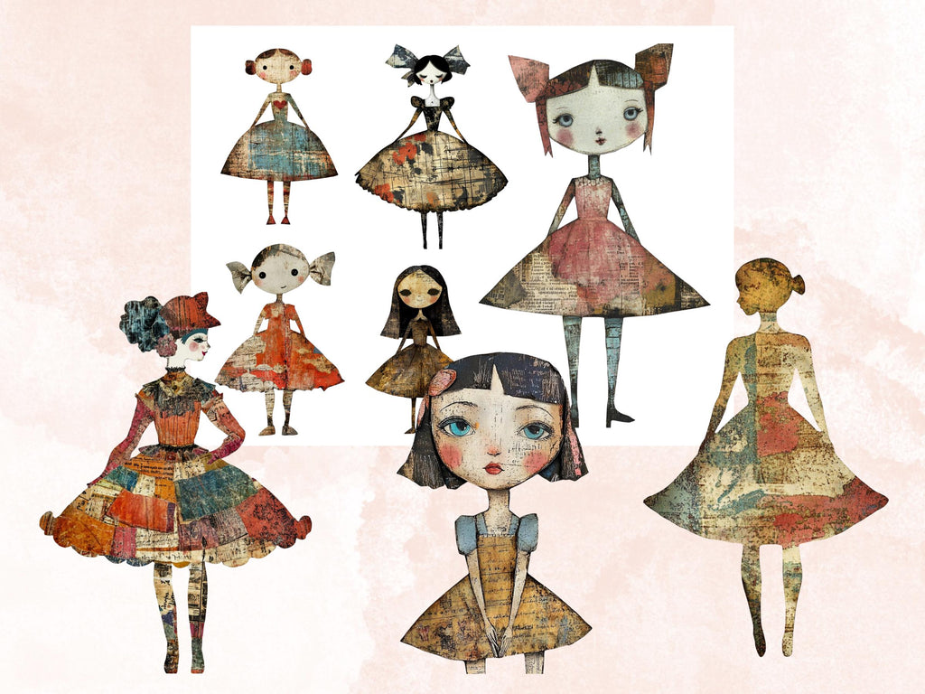 Whimsical Surreal Doll Mixed Media Clipart, Fantasy Girl Fussy Cut Collage Sheet, Quirky Cut Out Ephemera, Grunge Texture for Scrapbooking