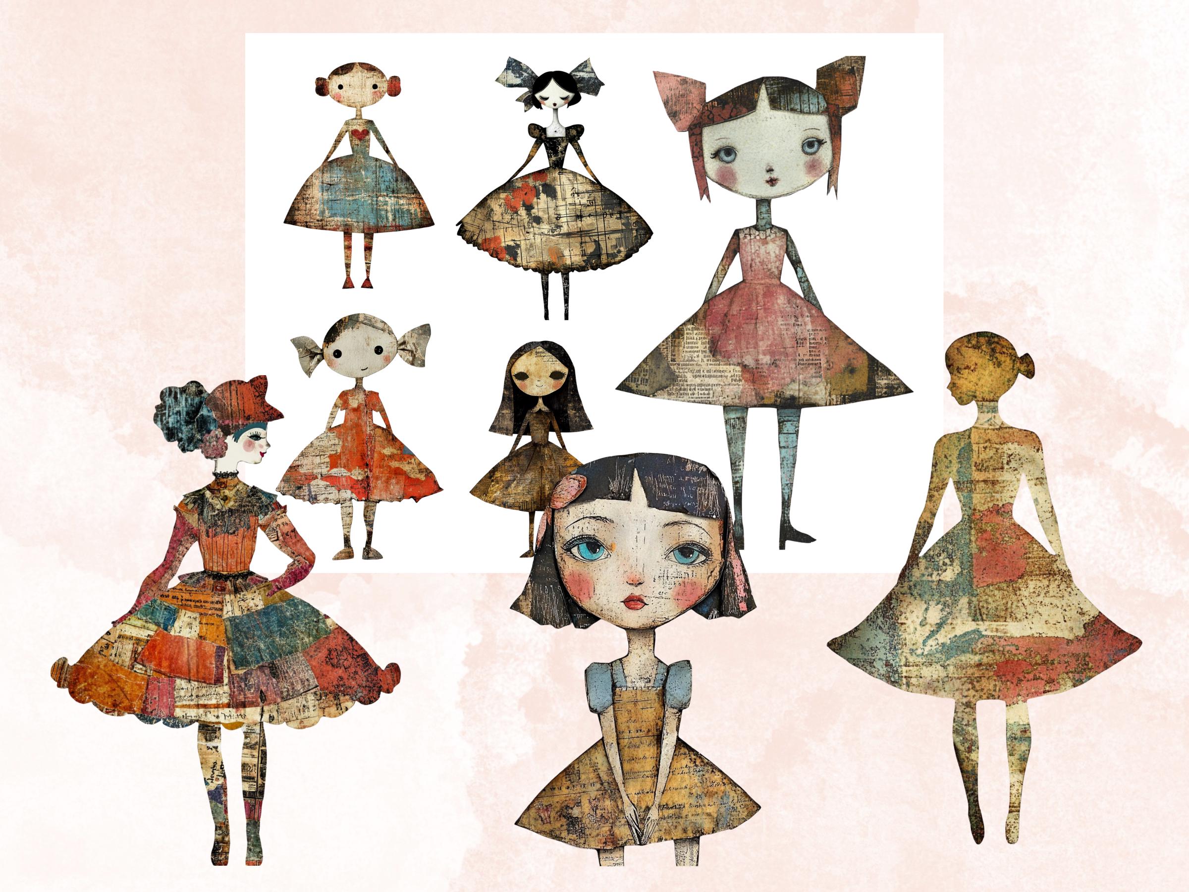 Whimsical Surreal Doll Mixed Media Clipart, Fantasy Girl Fussy Cut Collage Sheet, Quirky Cut Out Ephemera, Grunge Texture for Scrapbooking
