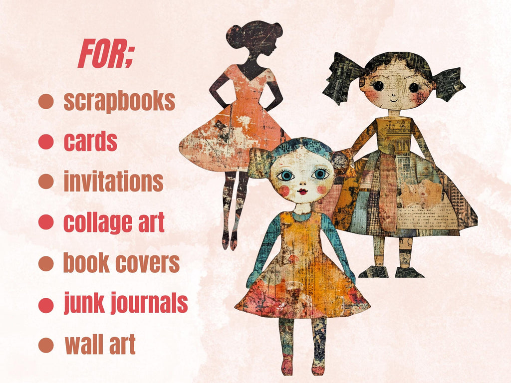 Whimsical Surreal Doll Mixed Media Clipart, Fantasy Girl Fussy Cut Collage Sheet, Quirky Cut Out Ephemera, Grunge Texture for Scrapbooking