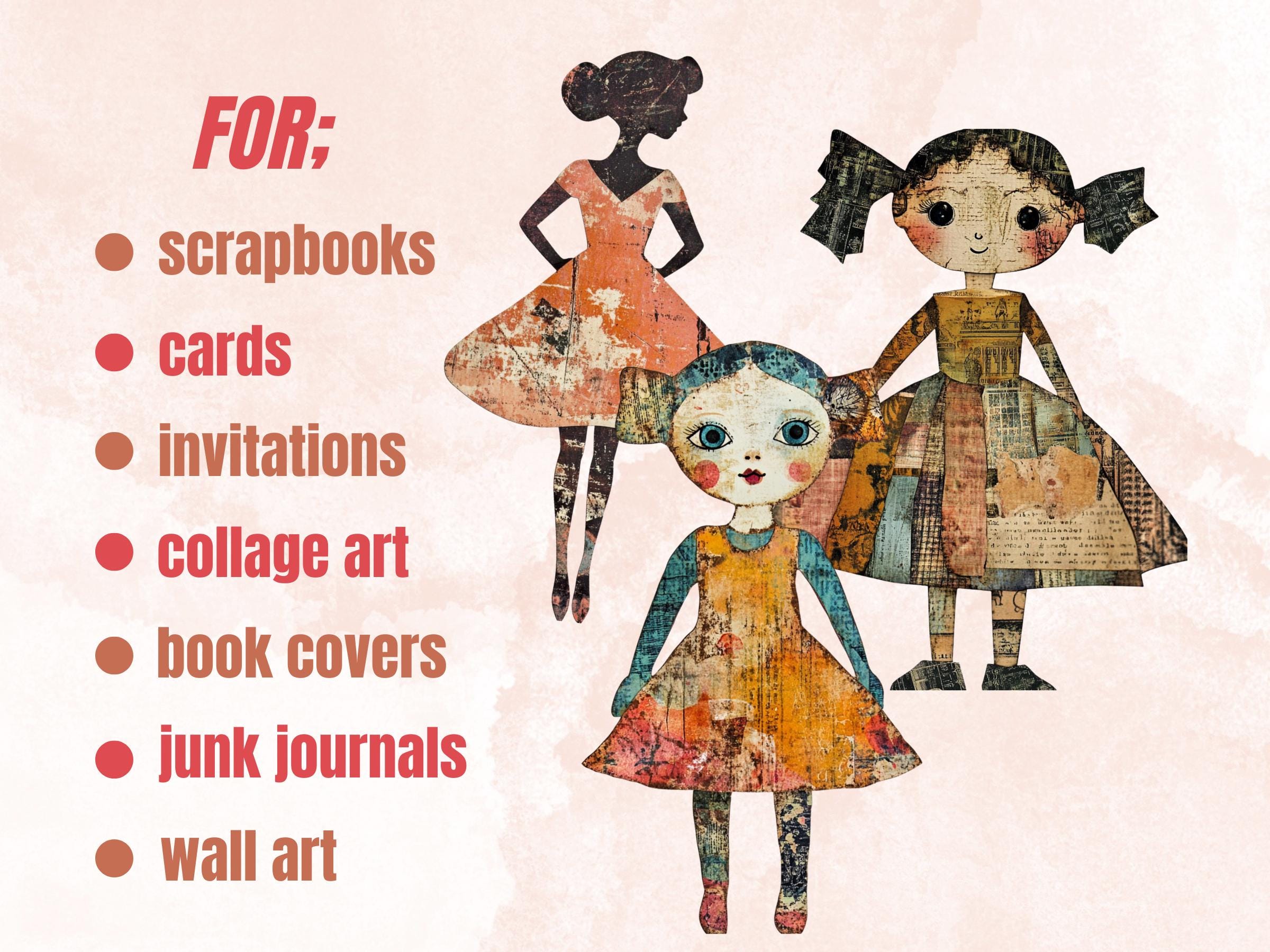 Whimsical Surreal Doll Mixed Media Clipart, Fantasy Girl Fussy Cut Collage Sheet, Quirky Cut Out Ephemera, Grunge Texture for Scrapbooking