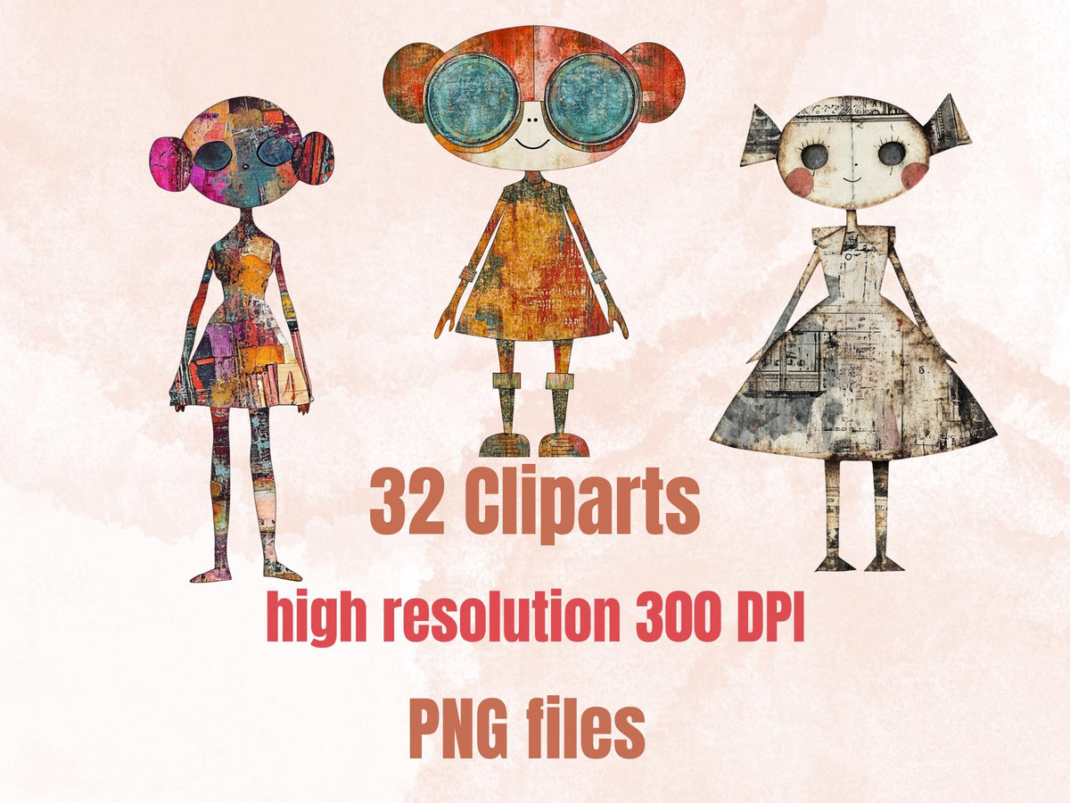 Whimsical Futuristic Doll Mixed Media Clipart, Industrial Girl Fussy Cut Collage Sheet, Quirky Cut Out Ephemera, Grunge Texture Scrapbooking