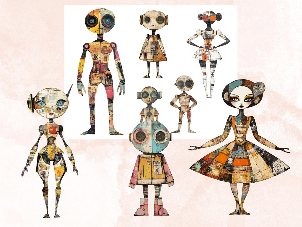 Whimsical Futuristic Doll Mixed Media Clipart, Industrial Girl Fussy Cut Collage Sheet, Quirky Cut Out Ephemera, Grunge Texture Scrapbooking
