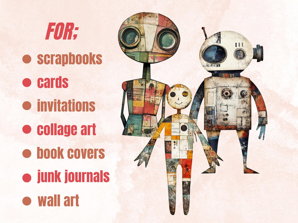 Whimsical Futuristic Doll Mixed Media Clipart, Industrial Girl Fussy Cut Collage Sheet, Quirky Cut Out Ephemera, Grunge Texture Scrapbooking