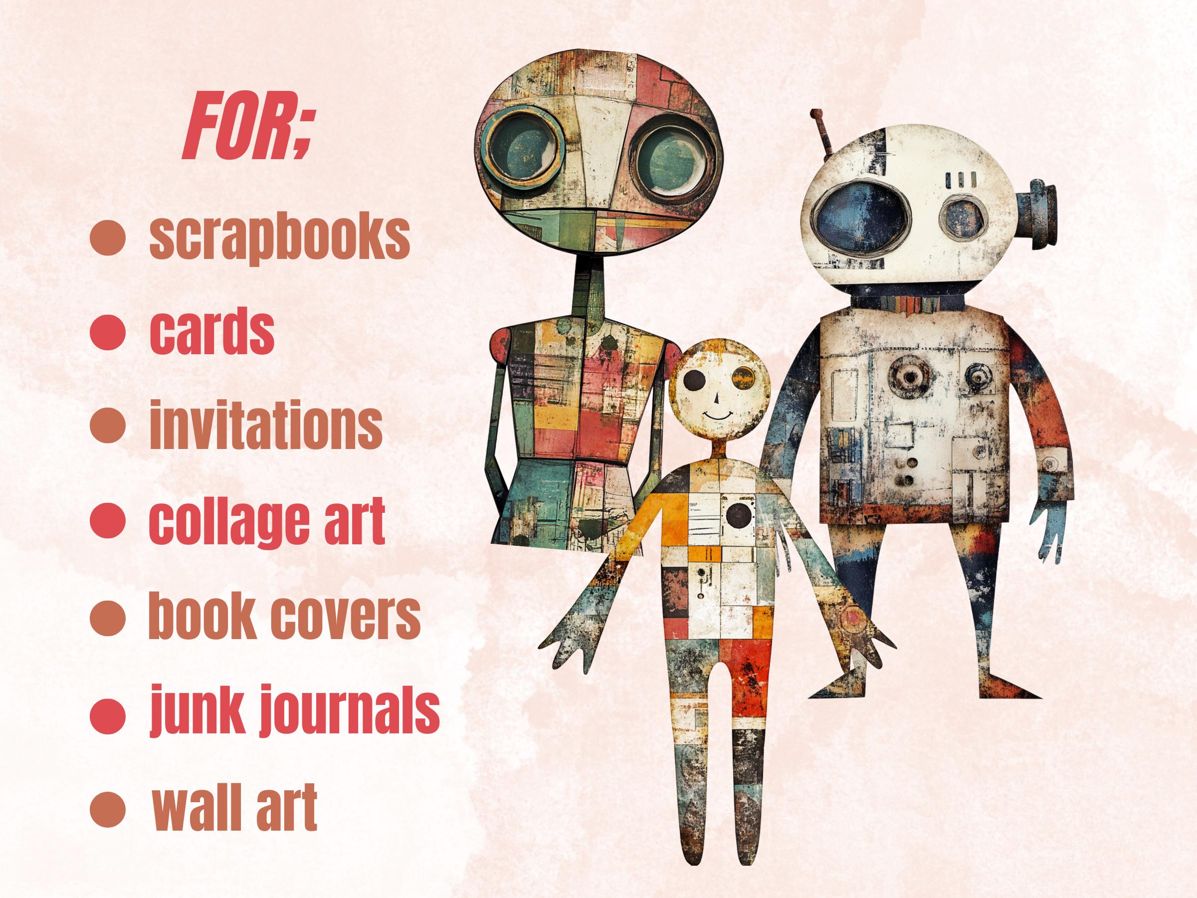 Whimsical Futuristic Doll Mixed Media Clipart, Industrial Girl Fussy Cut Collage Sheet, Quirky Cut Out Ephemera, Grunge Texture Scrapbooking
