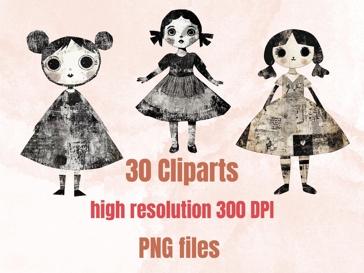 Whimsical Black White Doll Mixed Media Clipart, Vintage Girl Fussy Cut Collage Sheet, Quirky Cut Out Ephemera, Grunge Texture for Scrapbook