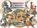Whimsical Lunar Doll Mixed Media Clipart, Celestial Girl Fussy Cut Collage Sheet, Quirky Cut Out Ephemera, Grunge Texture for Scrapbooking