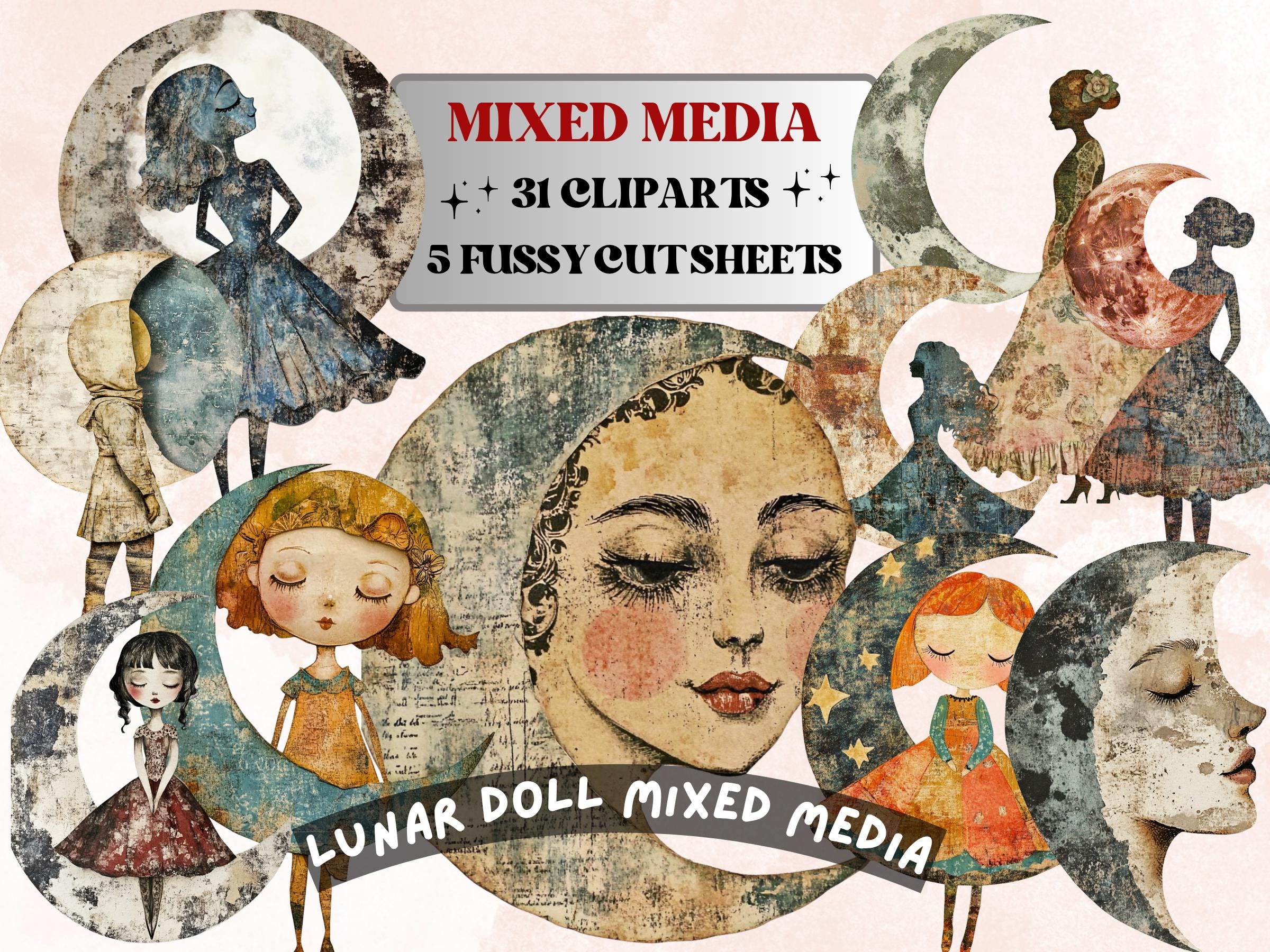 Whimsical Lunar Doll Mixed Media Clipart, Celestial Girl Fussy Cut Collage Sheet, Quirky Cut Out Ephemera, Grunge Texture for Scrapbooking