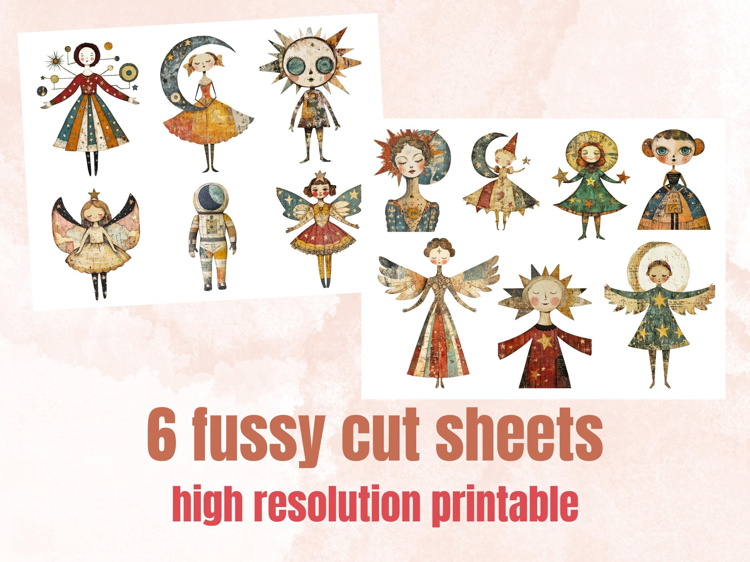 Whimsical Celestial Doll Mixed Media Clipart, Ethereal Girl Fussy Cut Collage Sheet, Quirky Cut Out Ephemera, PNG + JPG for Scrapbooking