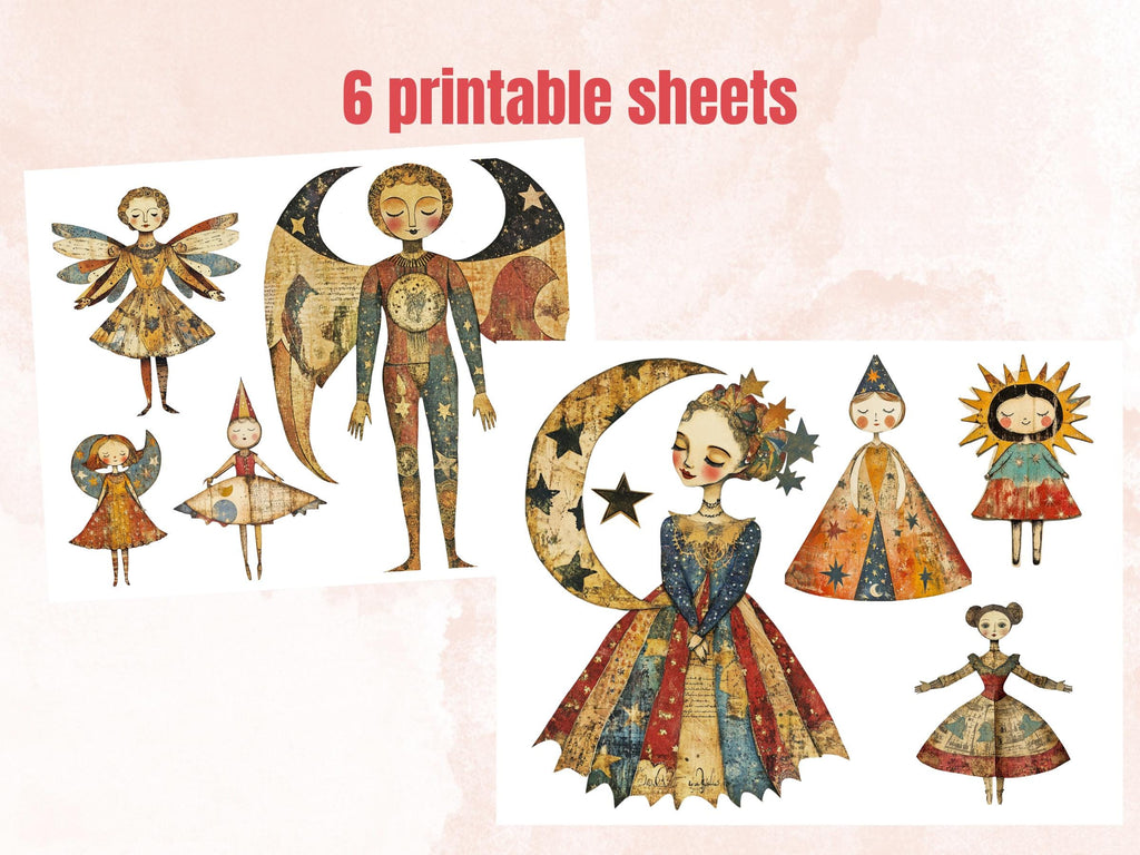 Whimsical Celestial Doll Mixed Media Clipart, Ethereal Girl Fussy Cut Collage Sheet, Quirky Cut Out Ephemera, PNG + JPG for Scrapbooking