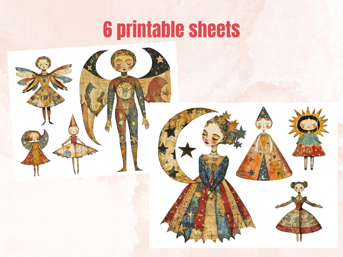 Whimsical Celestial Doll Mixed Media Clipart, Ethereal Girl Fussy Cut Collage Sheet, Quirky Cut Out Ephemera, PNG + JPG for Scrapbooking