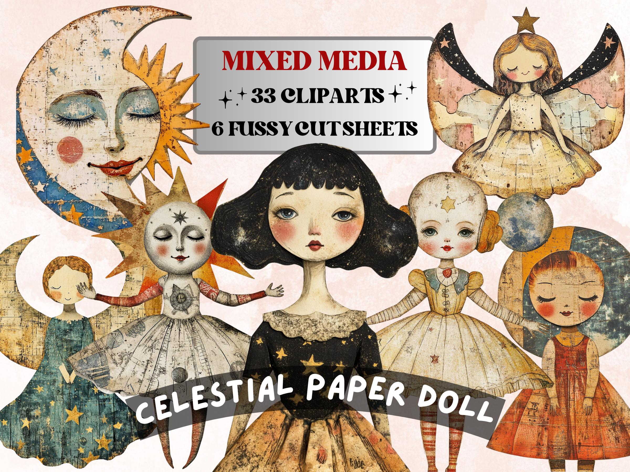 Whimsical Celestial Doll Mixed Media Clipart, Ethereal Girl Fussy Cut Collage Sheet, Quirky Cut Out Ephemera, PNG + JPG for Scrapbooking