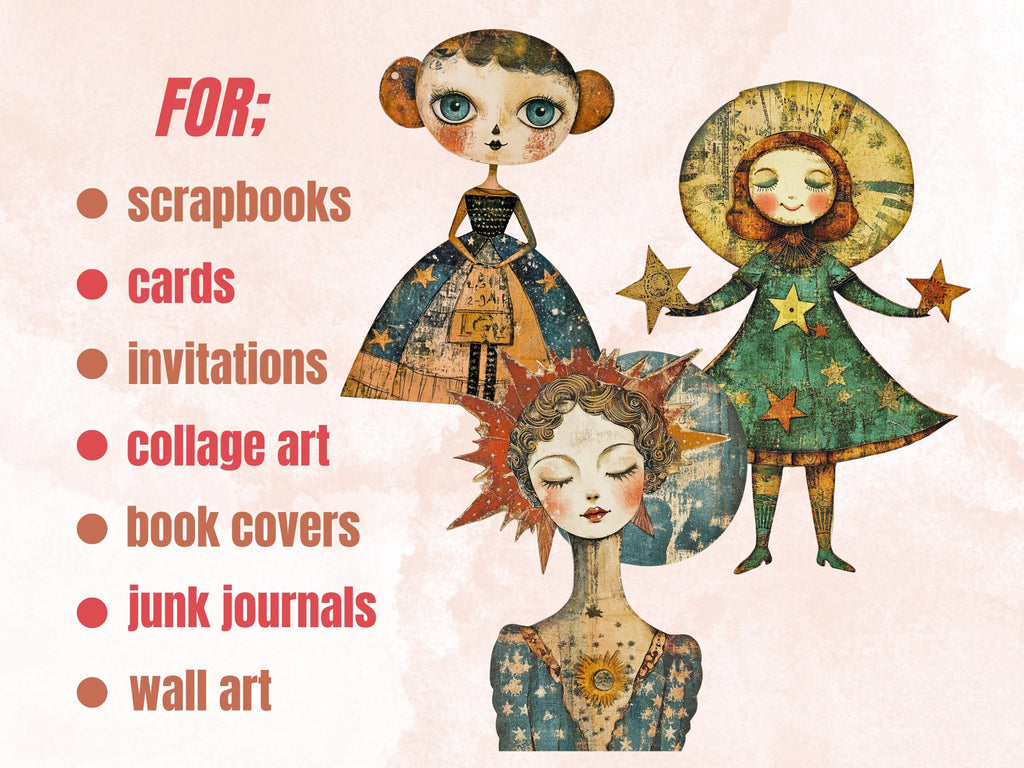 Whimsical Celestial Doll Mixed Media Clipart, Ethereal Girl Fussy Cut Collage Sheet, Quirky Cut Out Ephemera, PNG + JPG for Scrapbooking