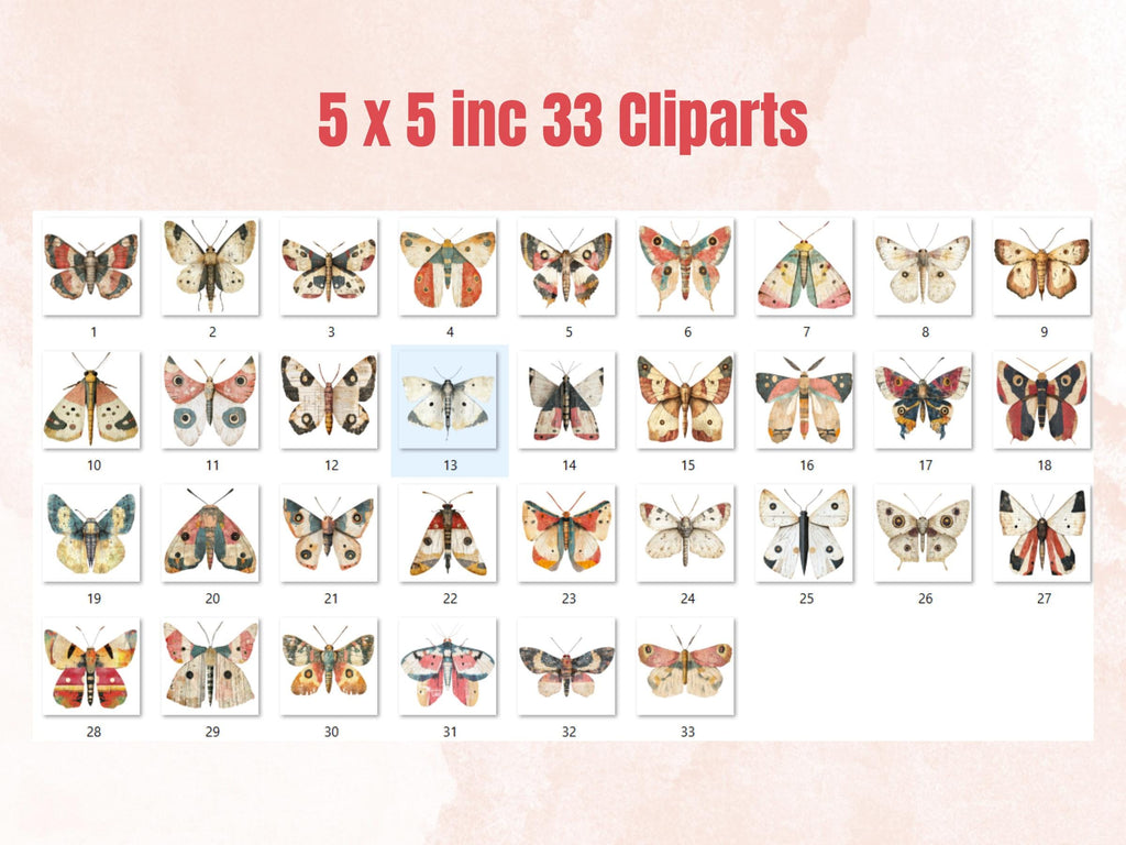 Whimsical Moths Mixed Media Clipart, Whimsy Butterfly Fussy Cut Collage Sheet, Quirky Cut Out Ephemera, PNG + JPG for Scrapbooking, Journal