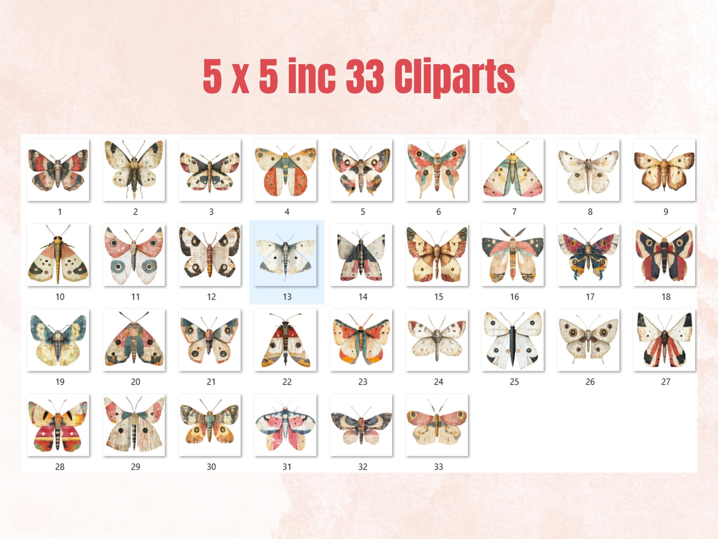Whimsical Moths Mixed Media Clipart, Whimsy Butterfly Fussy Cut Collage Sheet, Quirky Cut Out Ephemera, PNG + JPG for Scrapbooking, Journal