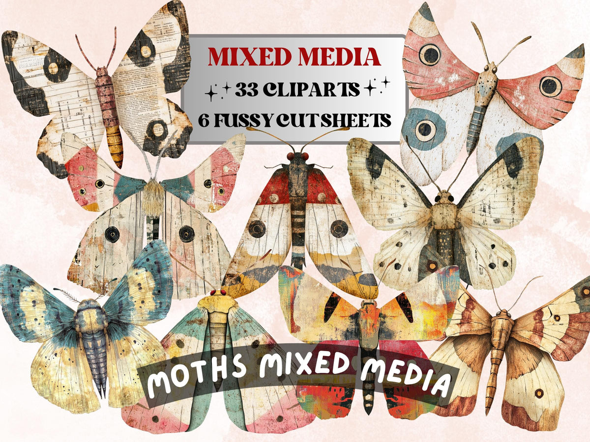 Whimsical Moths Mixed Media Clipart, Whimsy Butterfly Fussy Cut Collage Sheet, Quirky Cut Out Ephemera, PNG + JPG for Scrapbooking, Journal