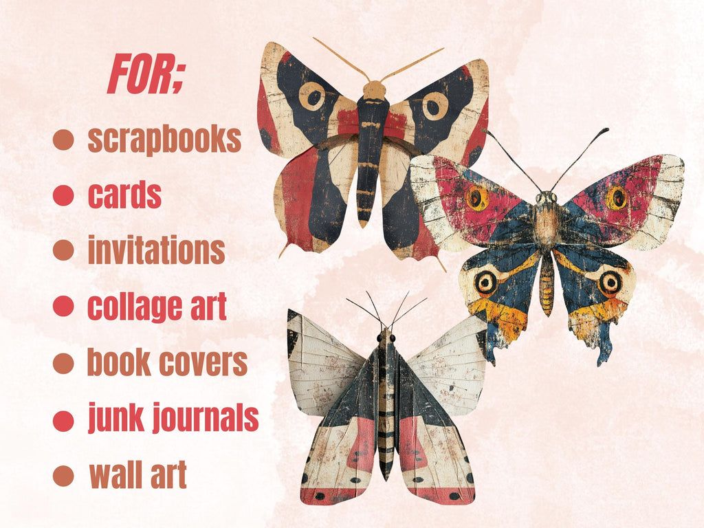 Whimsical Moths Mixed Media Clipart, Whimsy Butterfly Fussy Cut Collage Sheet, Quirky Cut Out Ephemera, PNG + JPG for Scrapbooking, Journal