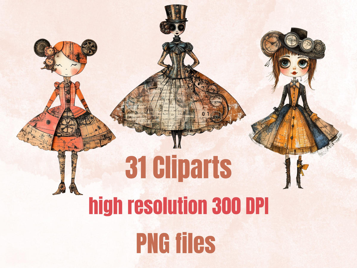 Whimsical Steampunk Doll Mixed Media Clipart, Industrial Girl Fussy Cut Collage Sheet, Quirky Cut Out Ephemera, Grunge Texture Scrapbooking