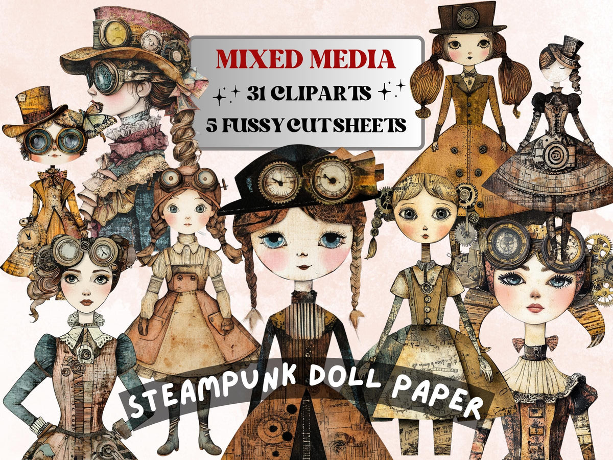 Whimsical Steampunk Doll Mixed Media Clipart, Industrial Girl Fussy Cut Collage Sheet, Quirky Cut Out Ephemera, Grunge Texture Scrapbooking
