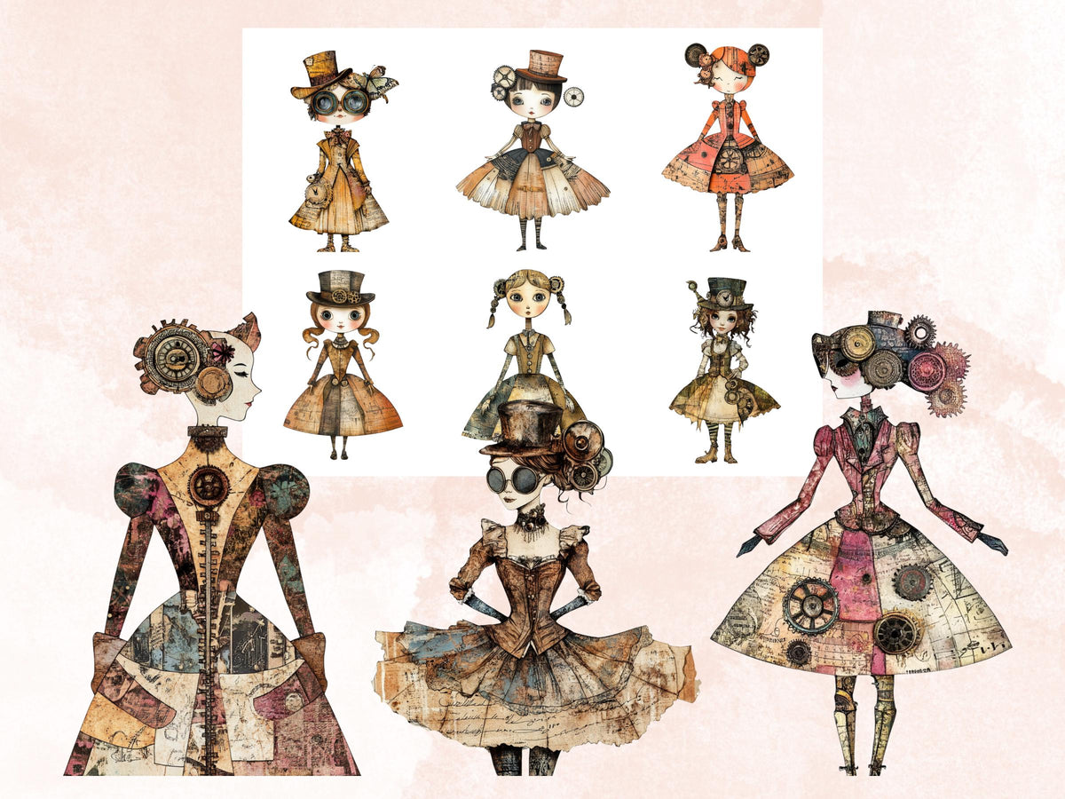 Whimsical Steampunk Doll Mixed Media Clipart, Industrial Girl Fussy Cut Collage Sheet, Quirky Cut Out Ephemera, Grunge Texture Scrapbooking