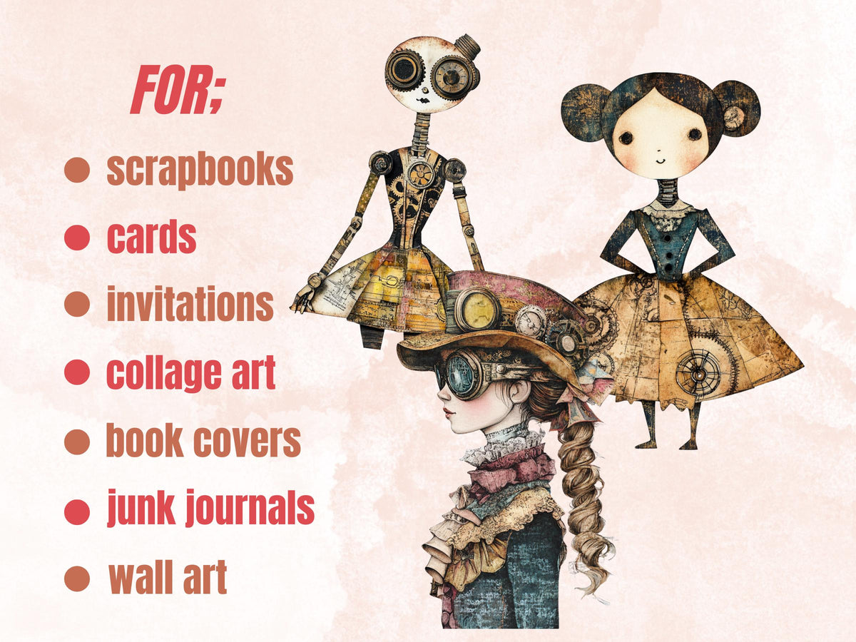 Whimsical Steampunk Doll Mixed Media Clipart, Industrial Girl Fussy Cut Collage Sheet, Quirky Cut Out Ephemera, Grunge Texture Scrapbooking