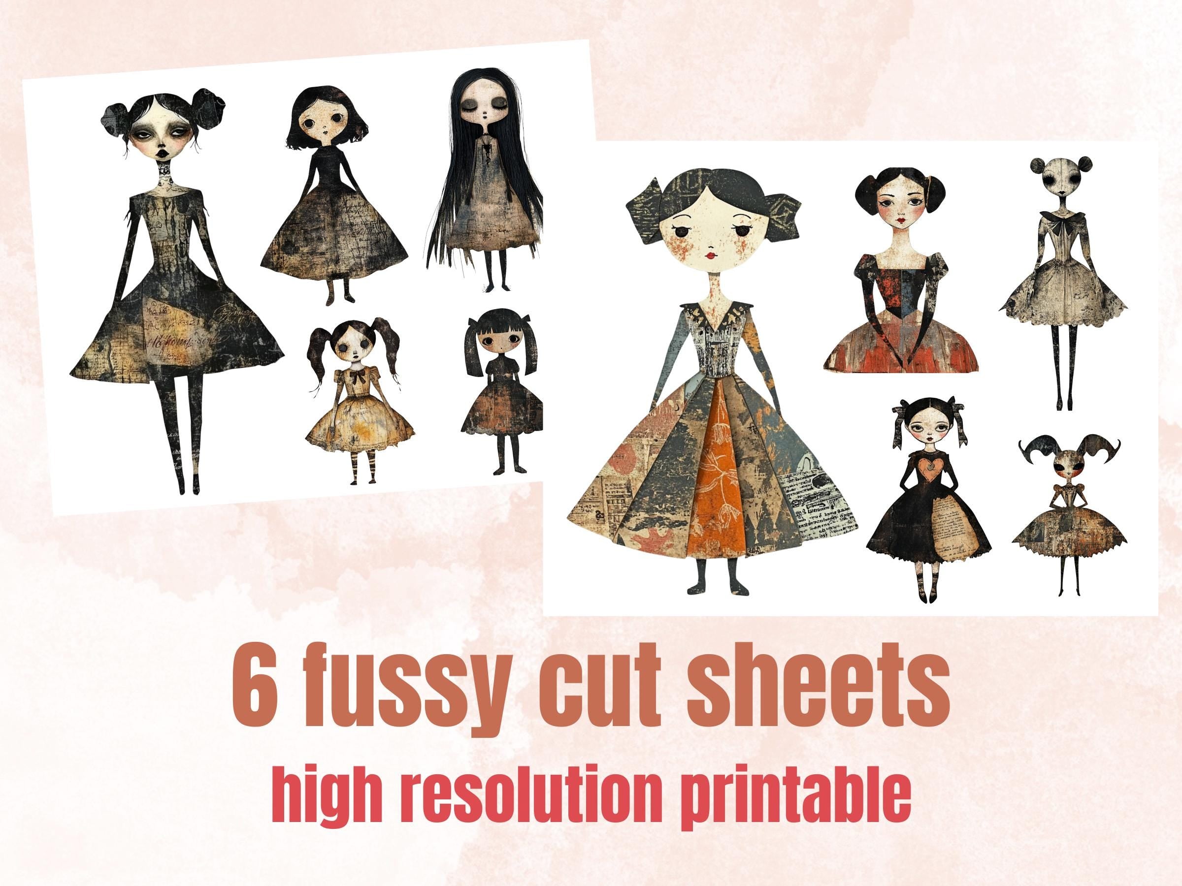 Whimsical Gothic Doll Mixed Media Clipart, Creepy Girl Fussy Cut Collage Sheet, Quirky Cut Out Ephemera, Grunge Texture for Scrapbooking