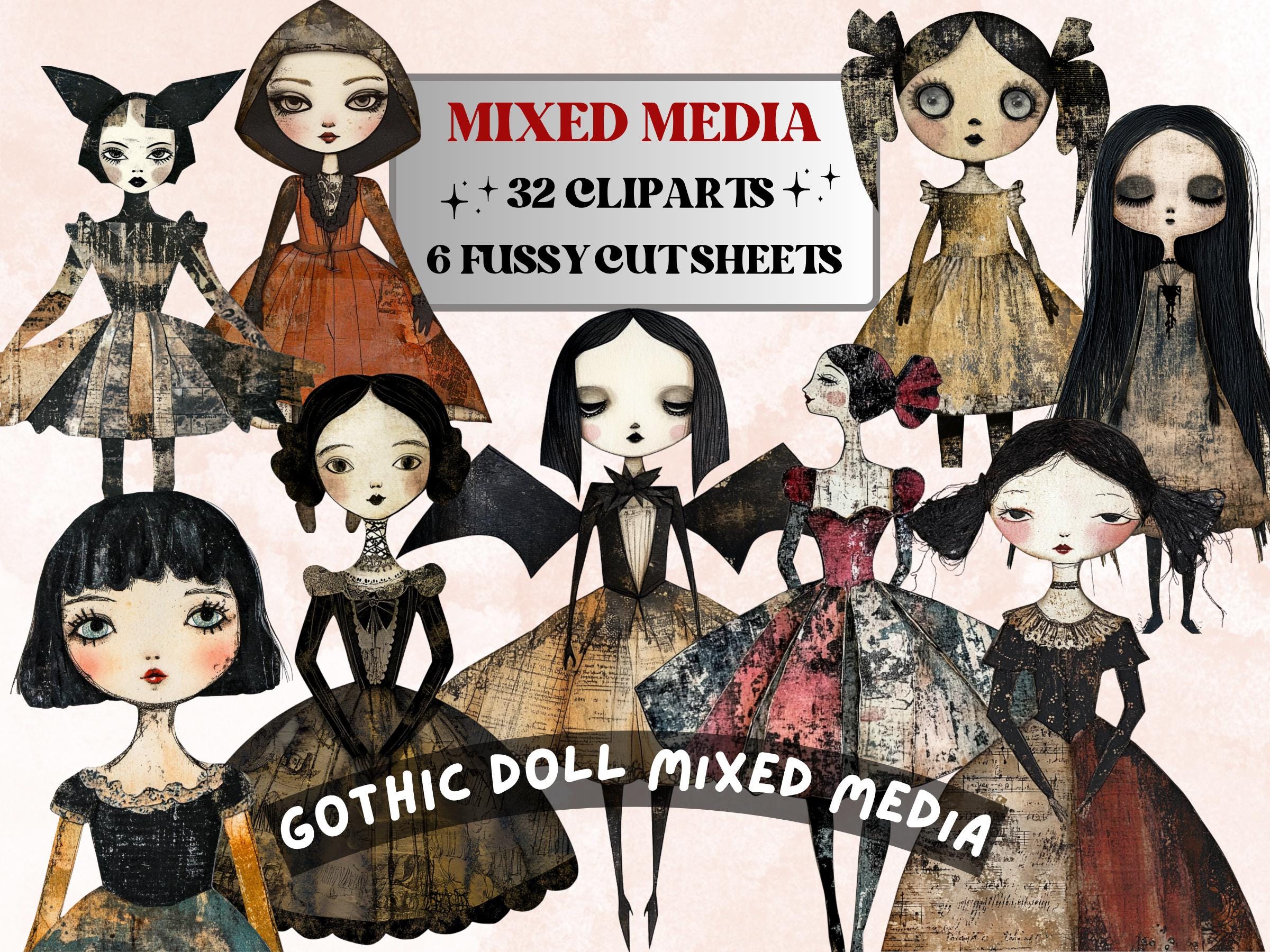 Whimsical Gothic Doll Mixed Media Clipart, Creepy Girl Fussy Cut Collage Sheet, Quirky Cut Out Ephemera, Grunge Texture for Scrapbooking