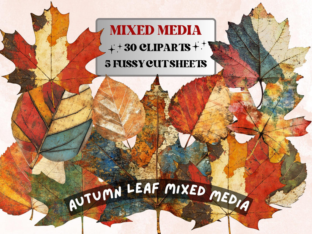 Autumn Leaf Mixed Media Clipart, Whimsical Fall Leaves Fussy Cut Collage Sheet, Quirky Cut Out Ephemera, PNG + JPG for Fall Scrapbooking
