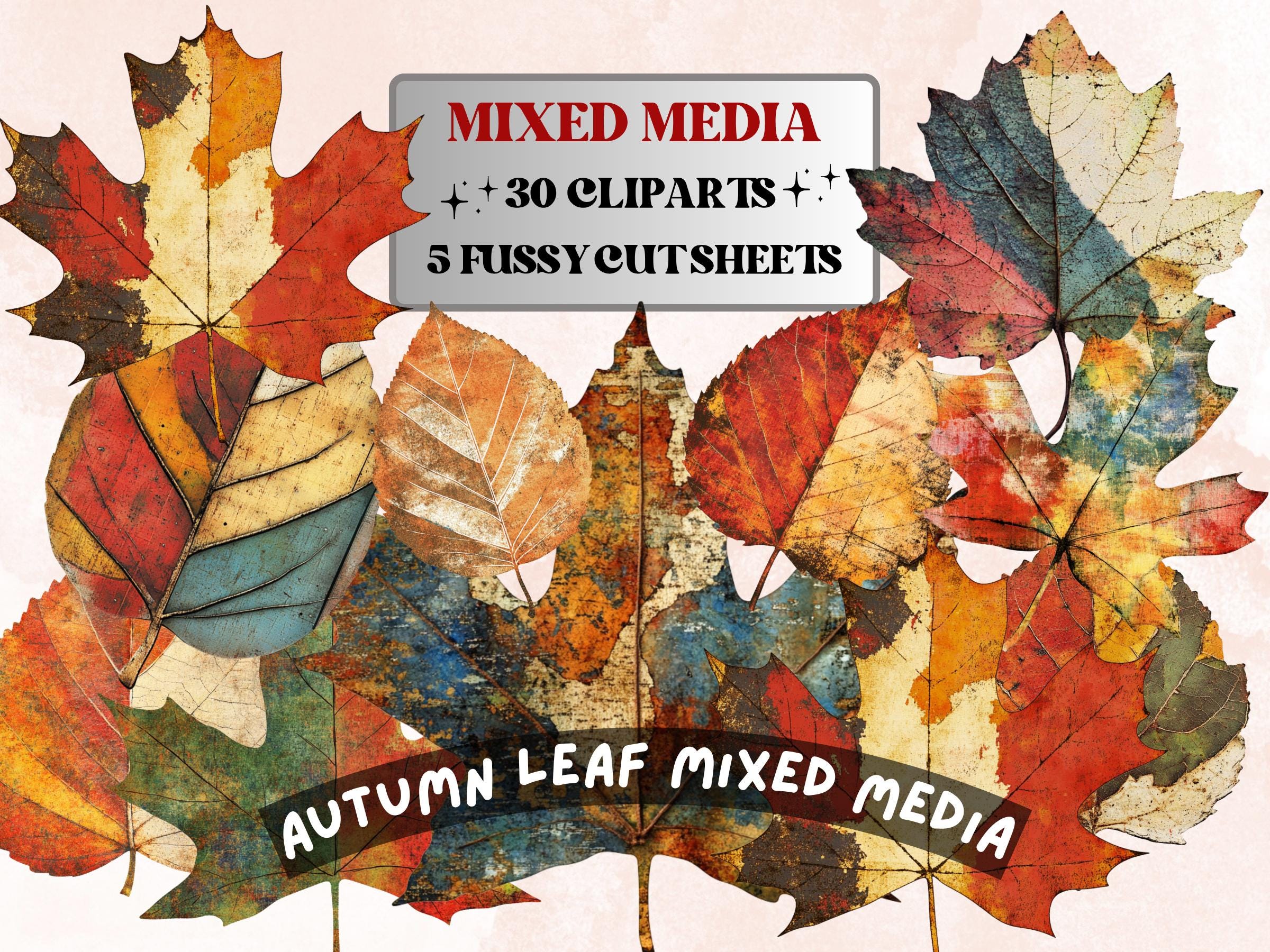 Autumn Leaf Mixed Media Clipart, Whimsical Fall Leaves Fussy Cut Collage Sheet, Quirky Cut Out Ephemera, PNG + JPG for Fall Scrapbooking