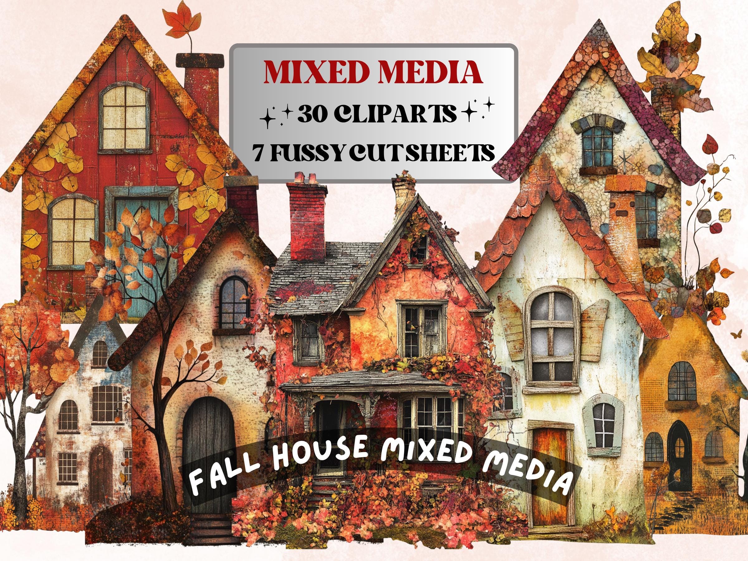 Fall House Mixed Media Clipart, Whimsical Autumn House Fussy Cut Collage Sheet, Quirky Cut Out Ephemera, PNG + JPG for Fall Scrapbooking