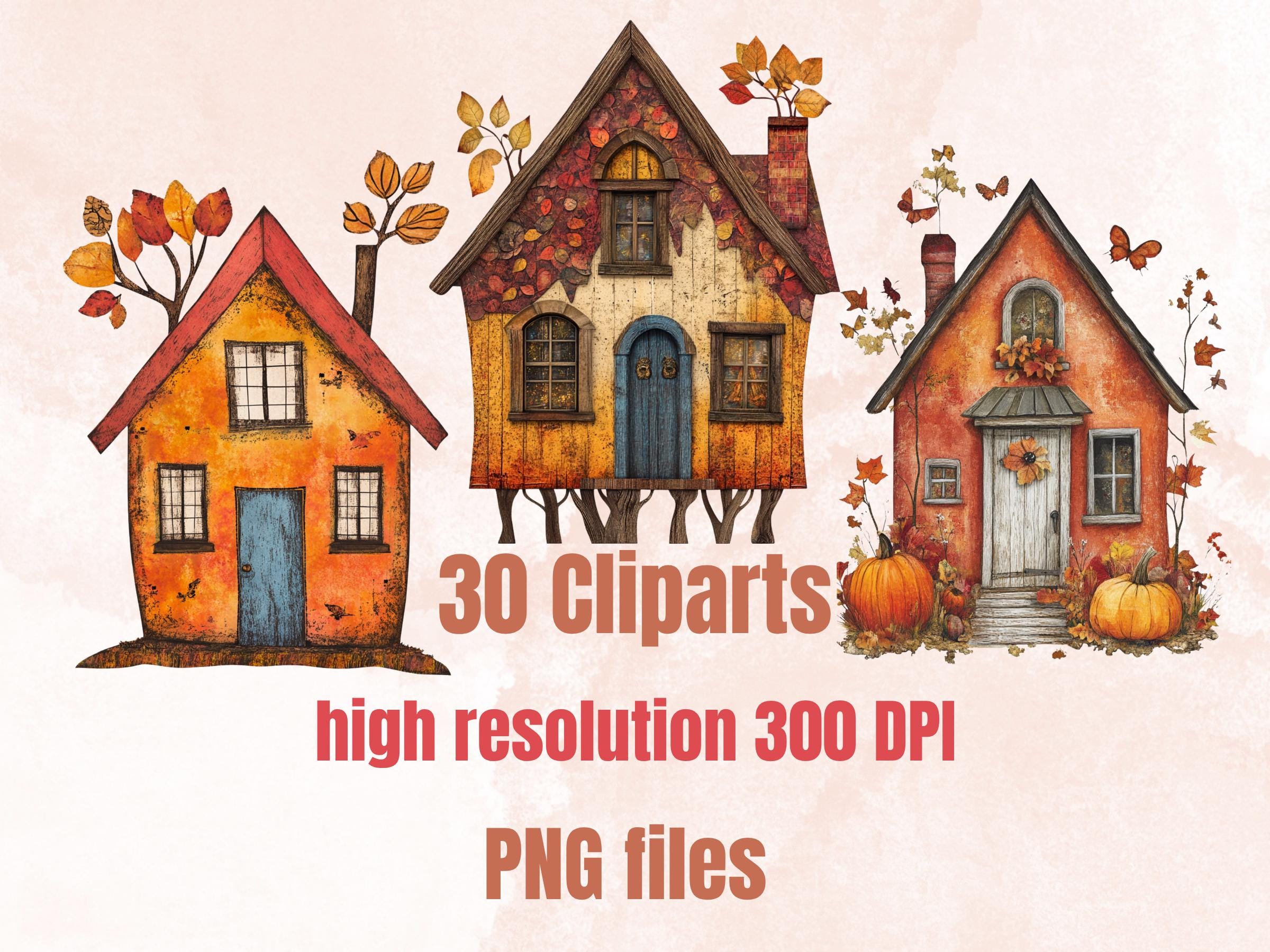 Fall House Mixed Media Clipart, Whimsical Autumn House Fussy Cut Collage Sheet, Quirky Cut Out Ephemera, PNG + JPG for Fall Scrapbooking