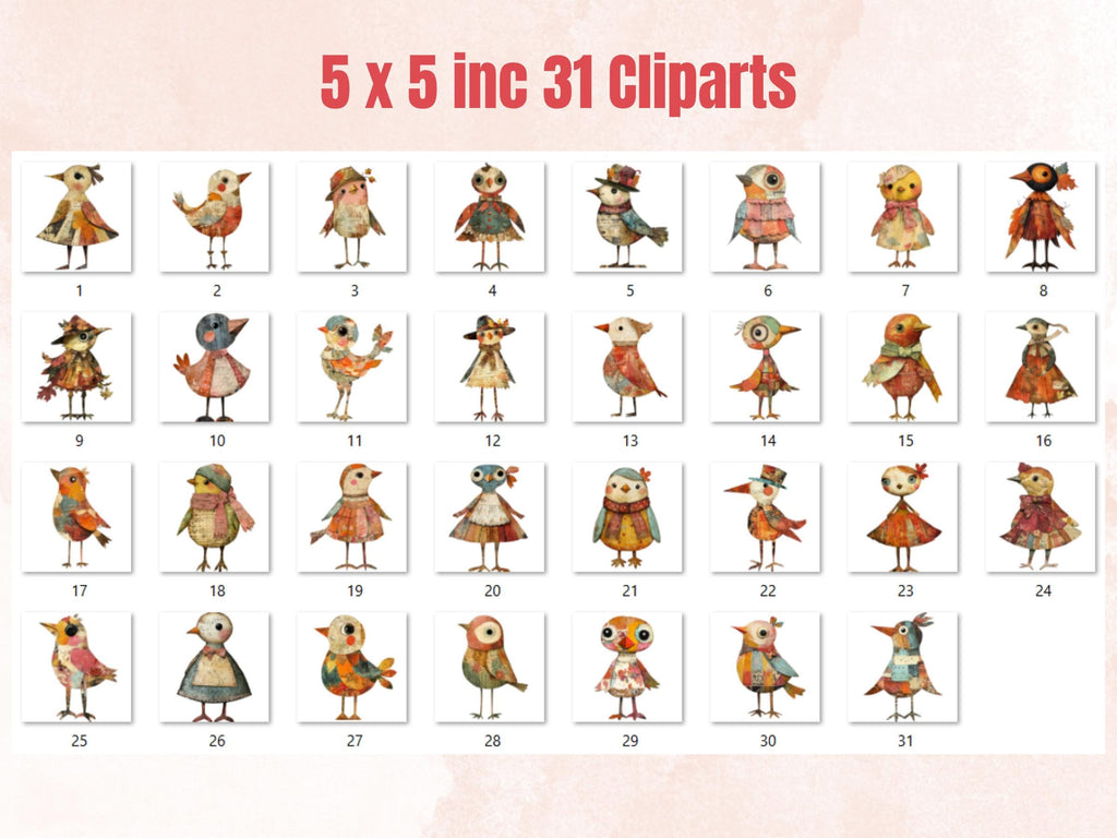 Fall Birds Paper Doll Mixed Media Clipart, Whimsy Autumn Bird Fussy Cut Collage Sheet, Quirky Cut Out Ephemera, Grunge Texture for Scrapbook