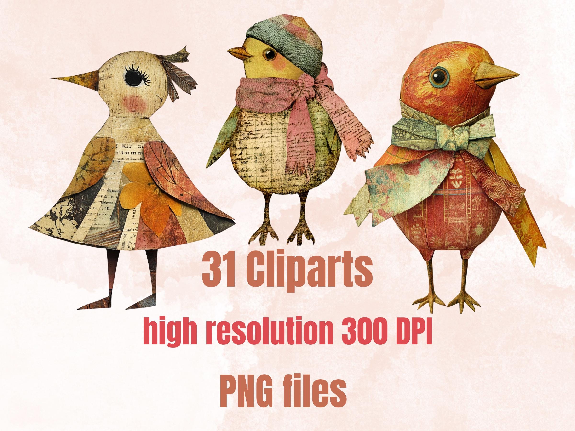 Fall Birds Paper Doll Mixed Media Clipart, Whimsy Autumn Bird Fussy Cut Collage Sheet, Quirky Cut Out Ephemera, Grunge Texture for Scrapbook
