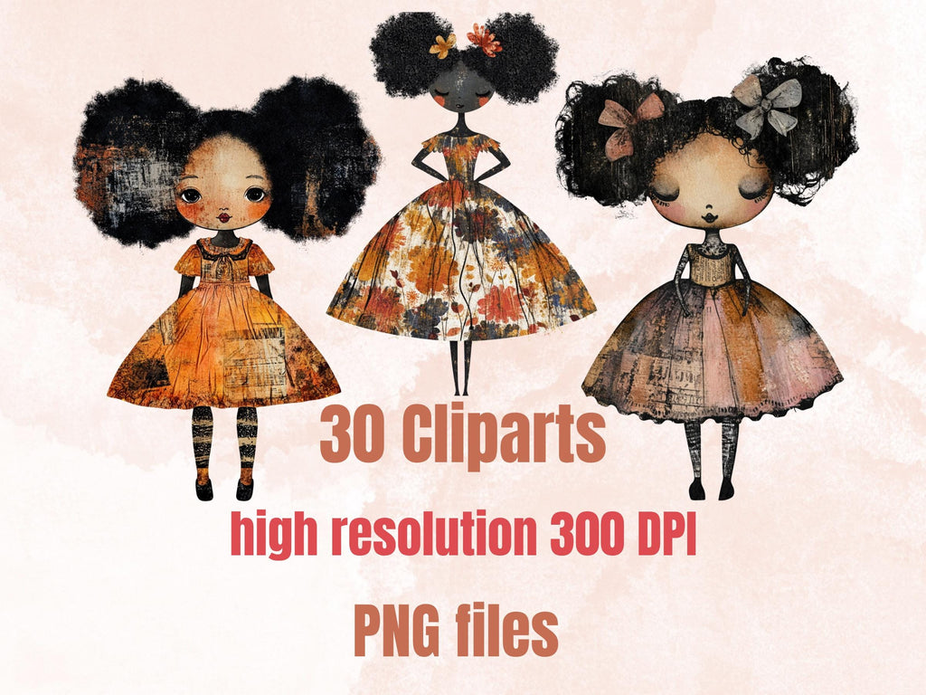 Autumn Afros Paper Doll Mixed Media Clipart, Fall Black Girl Fussy Cut Collage Sheet, Quirky Cut Out Ephemera, PNG + JPG for Scrapbooking