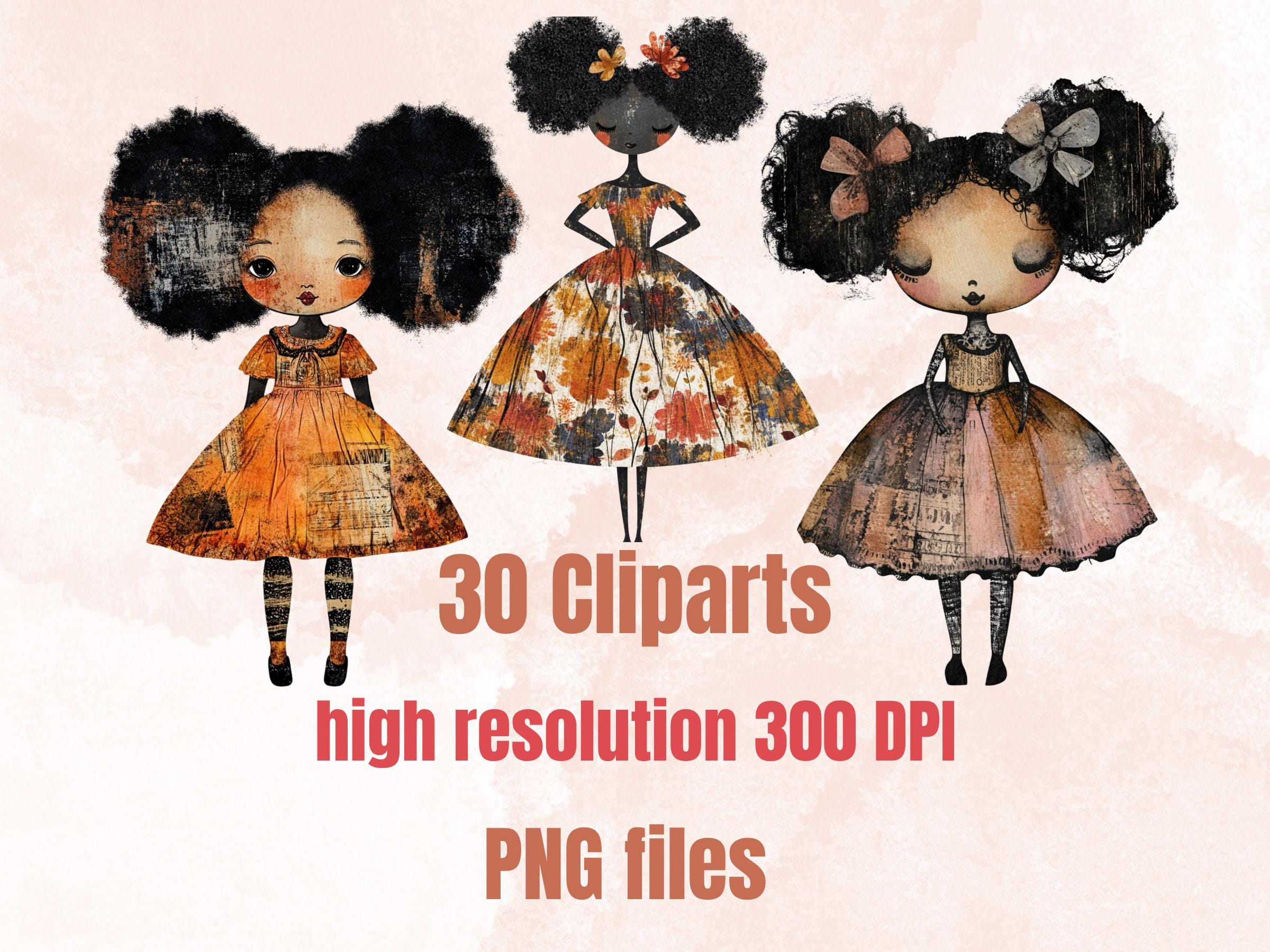 Autumn Afros Paper Doll Mixed Media Clipart, Fall Black Girl Fussy Cut Collage Sheet, Quirky Cut Out Ephemera, PNG + JPG for Scrapbooking