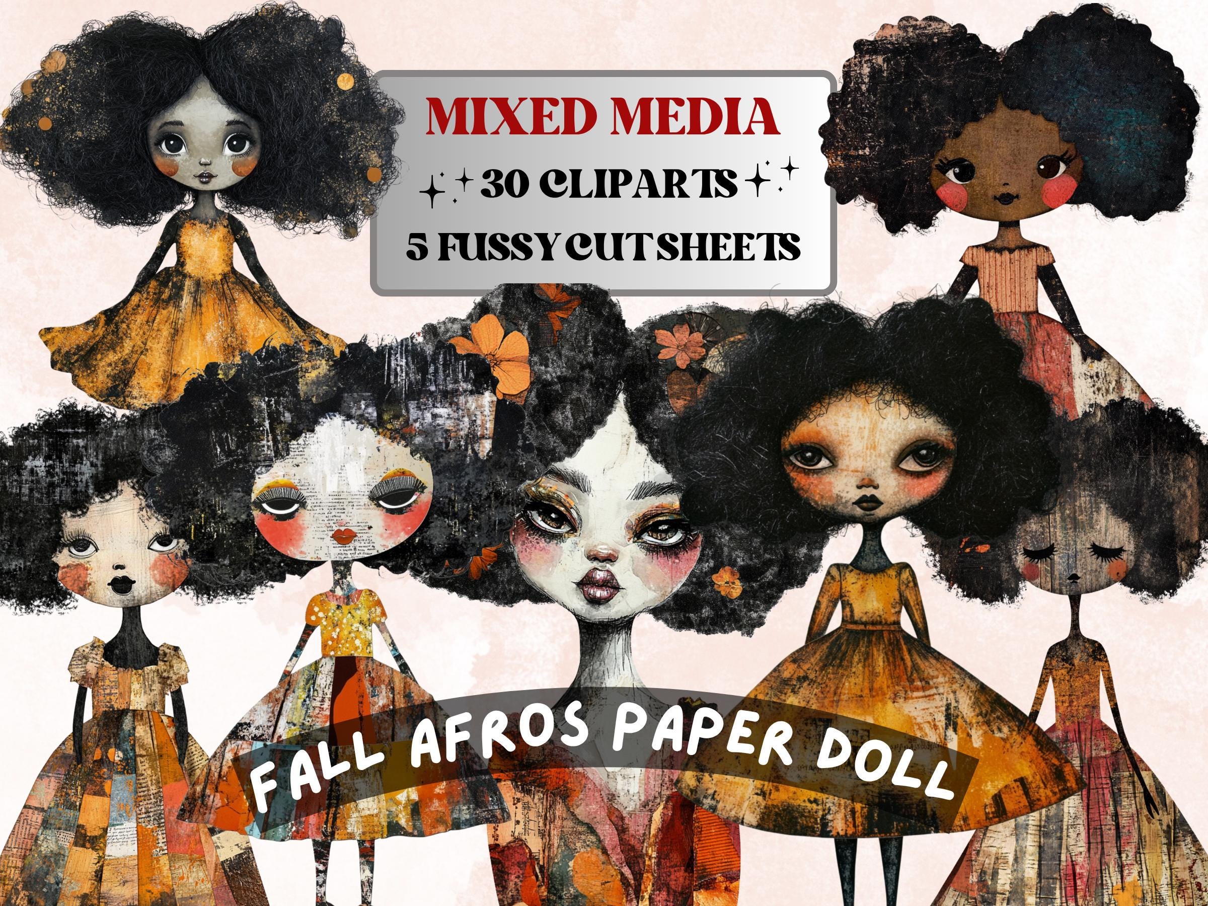 Autumn Afros Paper Doll Mixed Media Clipart, Fall Black Girl Fussy Cut Collage Sheet, Quirky Cut Out Ephemera, PNG + JPG for Scrapbooking