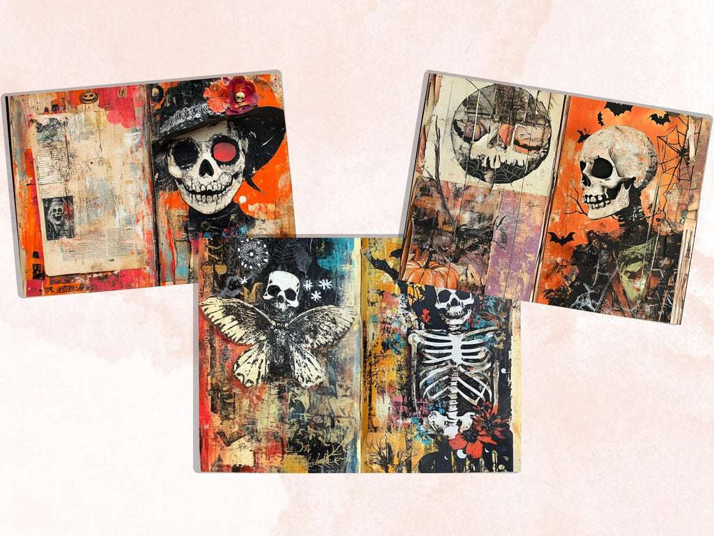 Halloween Collage Mixed Media Paper, Creepy Textures Pages Ephemera Kit, Spooky Halloween Collage Scrapbook Paper, Printable Double Pages