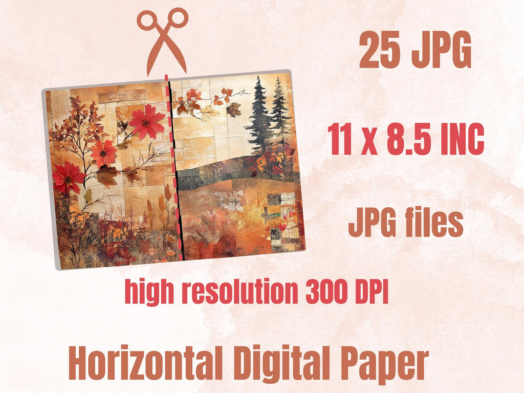 Fall Collage Mixed Media Paper, Autumn Pages Ephemera Kit, Whimsical Fall Textures Collage Scrapbook Paper, Printable Autumn Double Pages