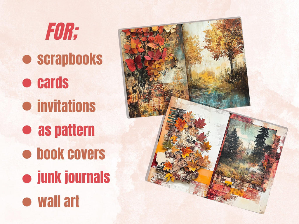 Fall Collage Mixed Media Paper, Autumn Pages Ephemera Kit, Whimsical Fall Textures Collage Scrapbook Paper, Printable Autumn Double Pages