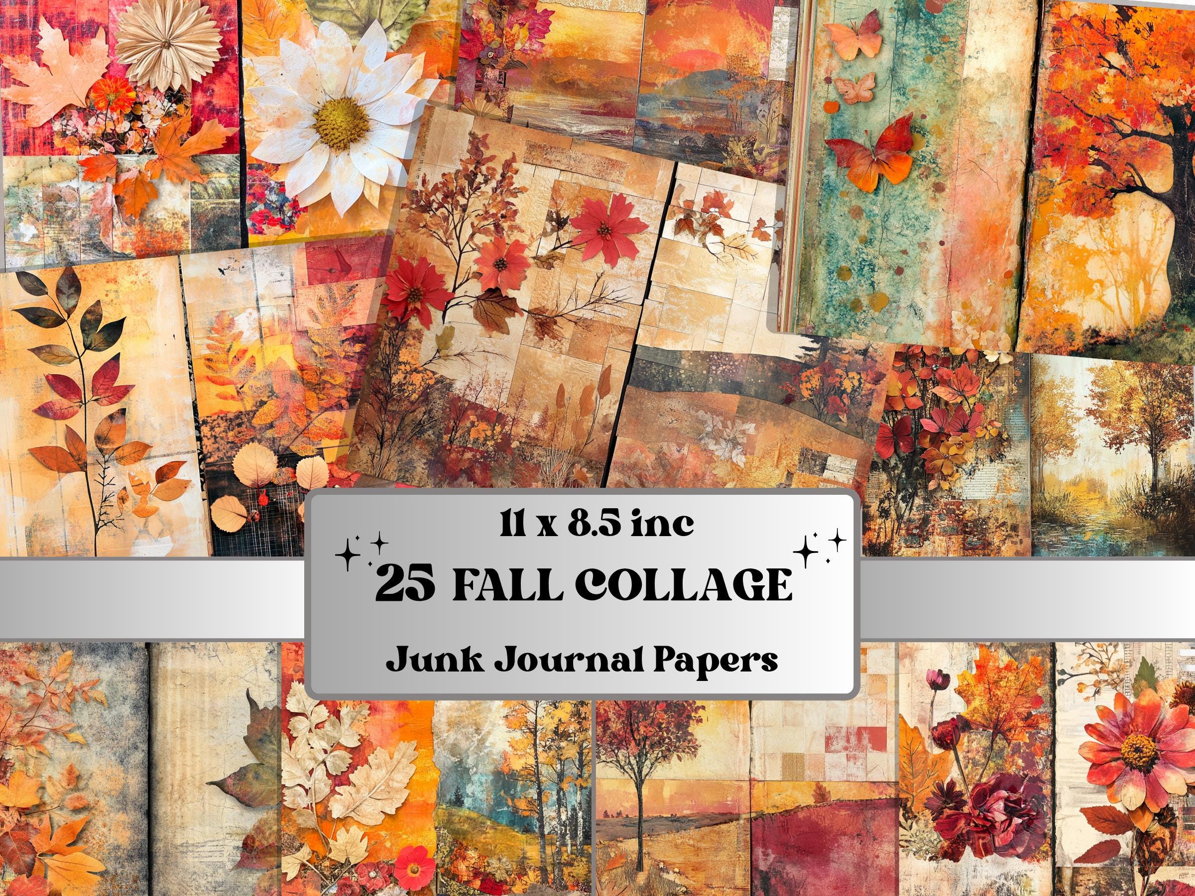 Fall Collage Mixed Media Paper, Autumn Pages Ephemera Kit, Whimsical Fall Textures Collage Scrapbook Paper, Printable Autumn Double Pages